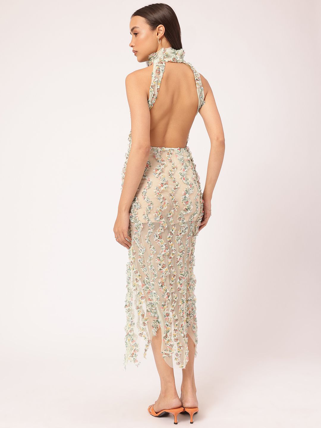 DressBerry Modern Vintage Ruffle Trims Sheer Net Backless Midi Dress