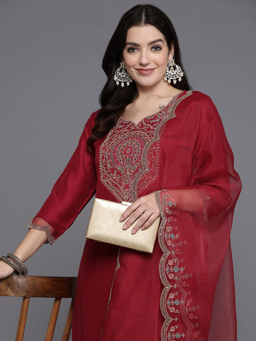 Indo Era Women Floral Yoke Design Regular Kurta with Trousers & With Dupatta