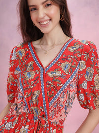 DressBerry Floral Print Puff Sleeve Fit & Flare Dress