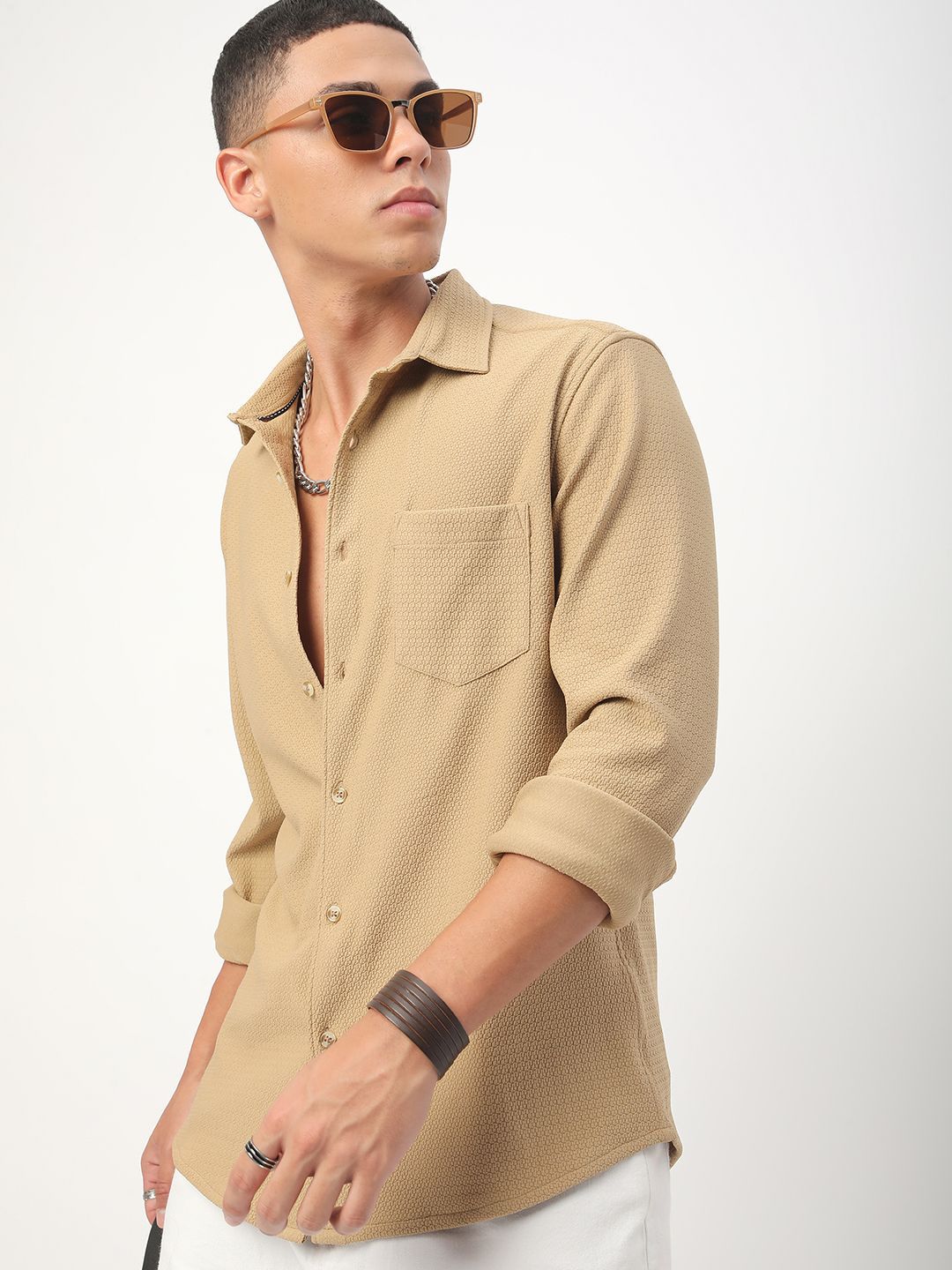 VASTRADO Men Classic Cutaway Collar Textured Casual Shirt
