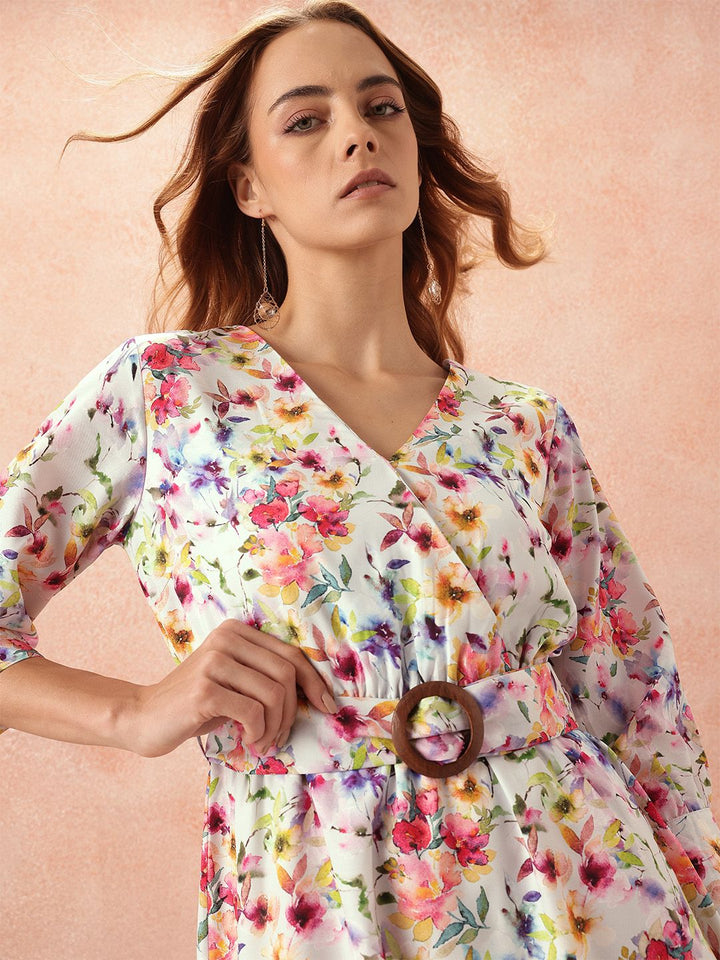 all about you Floral Print Wrap-Style Dress With Belt