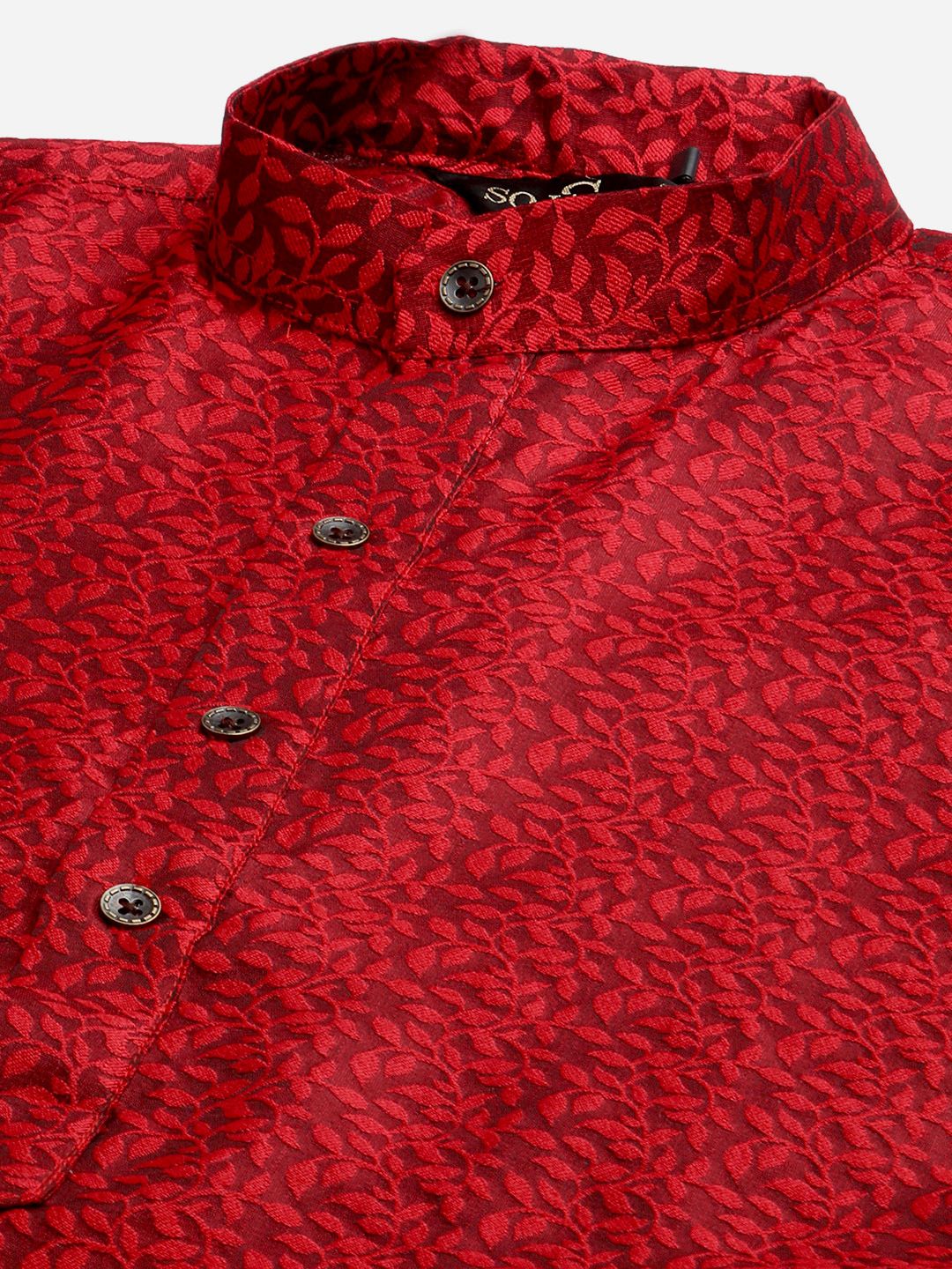 SOJANYA Men Maroon Jacquard Silk Kurta with Churidar & Nehru Jacket