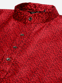 SOJANYA Men Maroon Jacquard Silk Kurta with Churidar & Nehru Jacket