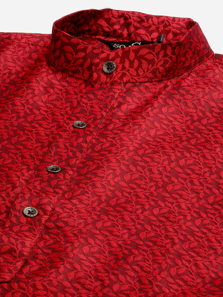 SOJANYA Men Maroon Jacquard Silk Kurta with Churidar & Nehru Jacket