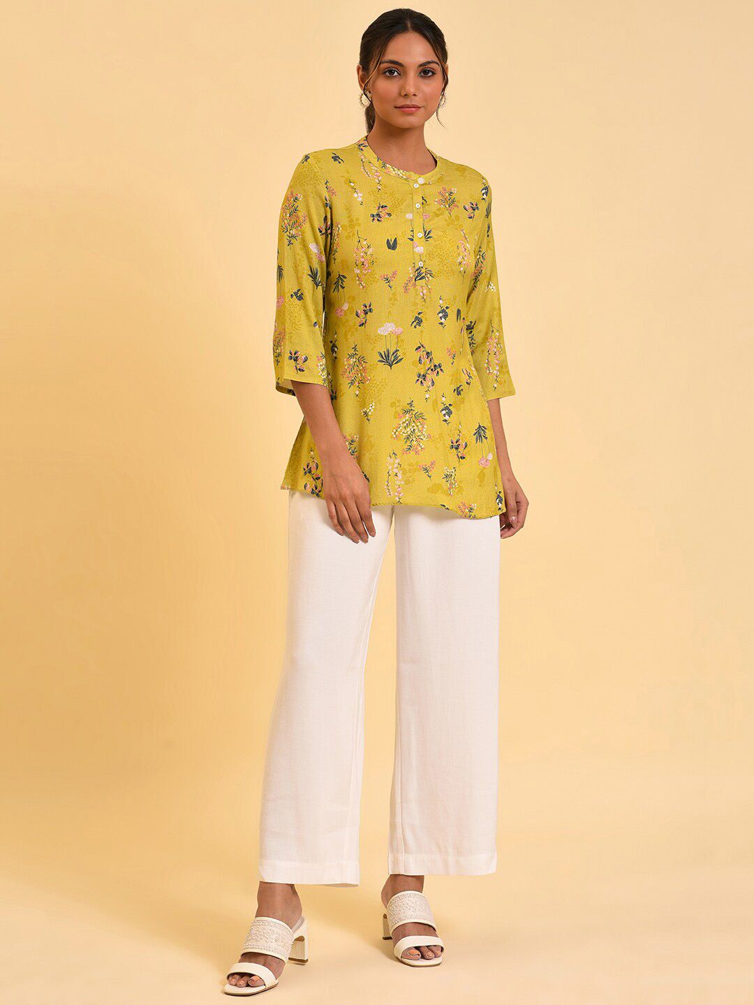 W Yellow Floral Printed Mandarin Collar Top