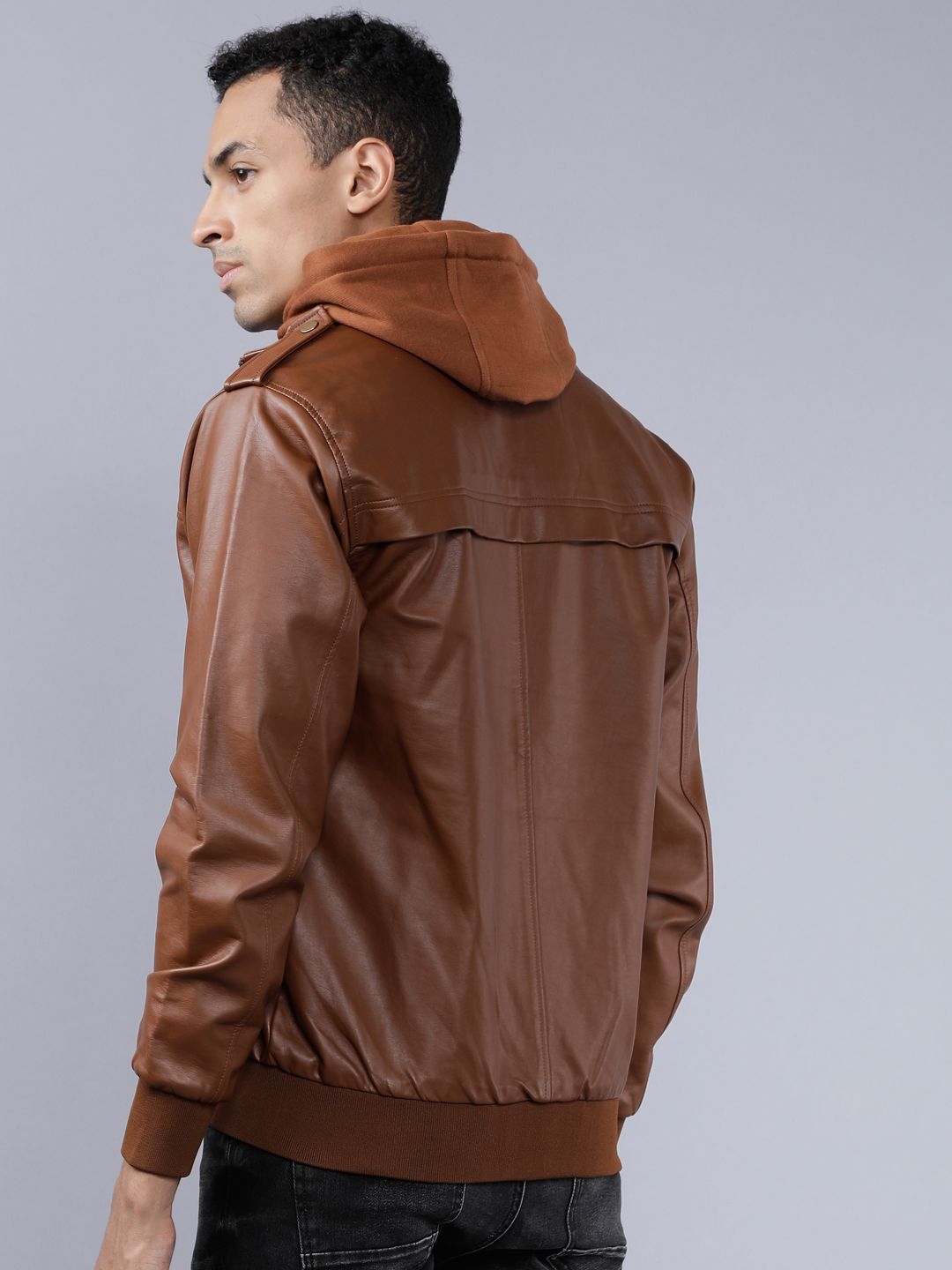 HIGHLANDER Men Brown Solid Biker Jacket
