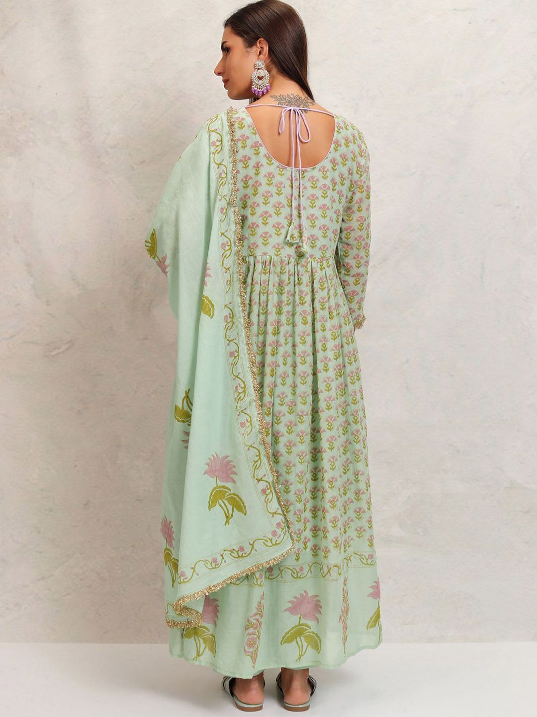 Vishudh Green Printed Mirror Work Pure Cotton Anarkali Kurta With Trousers & Dupatta