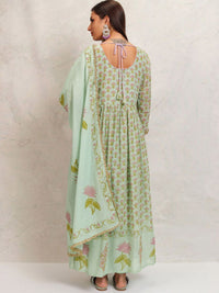 Vishudh Green Printed Mirror Work Pure Cotton Anarkali Kurta With Trousers & Dupatta
