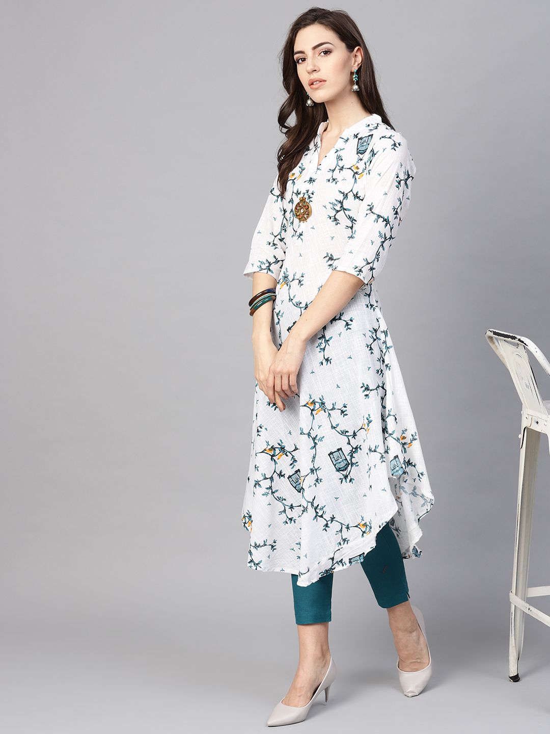 SOJANYA Women White & Teal Green Printed A-Line Kurta