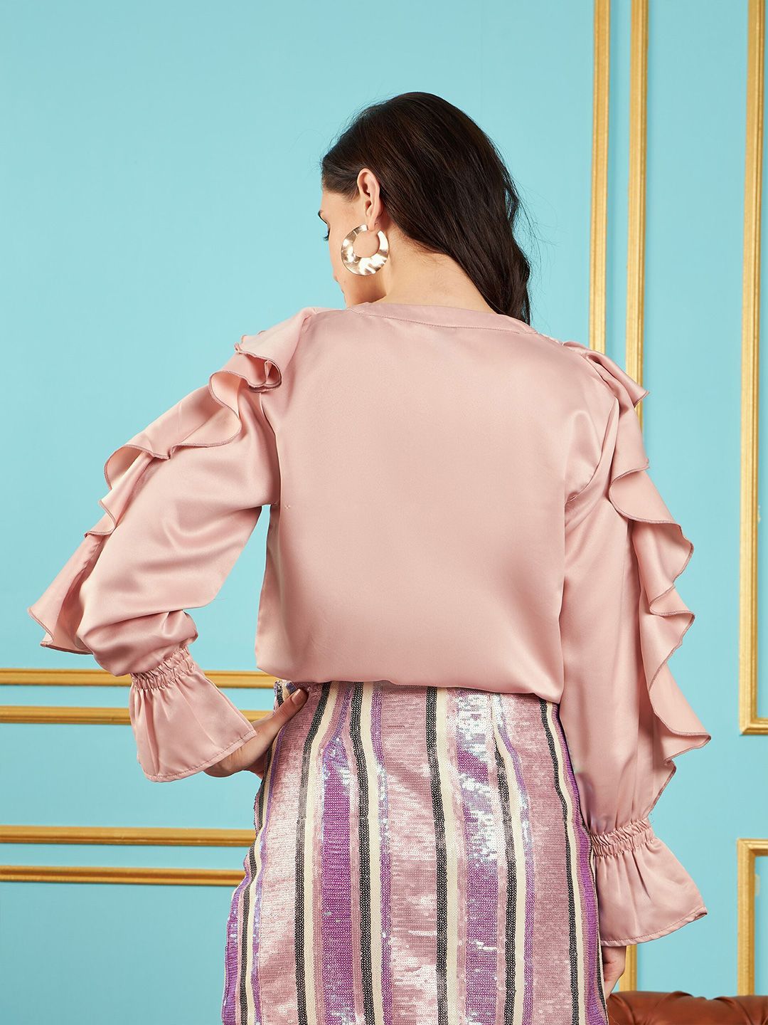 SASSAFRAS Pink V-Neck Cuffed Sleeves Ruffles Satin Shirt Style Regular Top