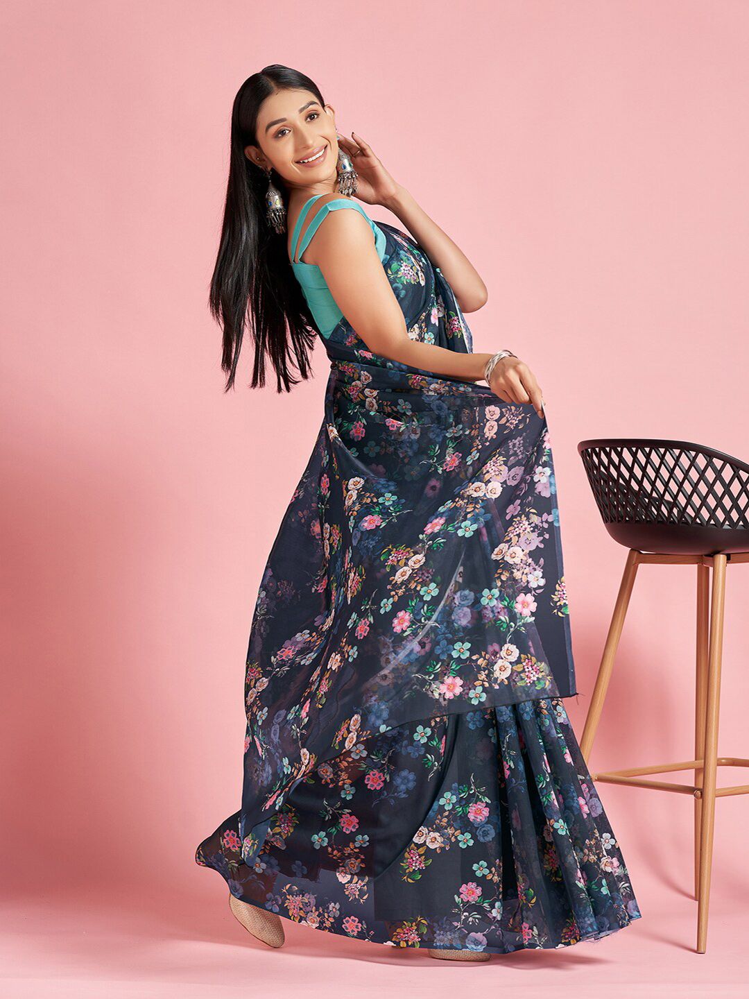 Saree mall Navy Blue & White Floral Printed Organza Sarees