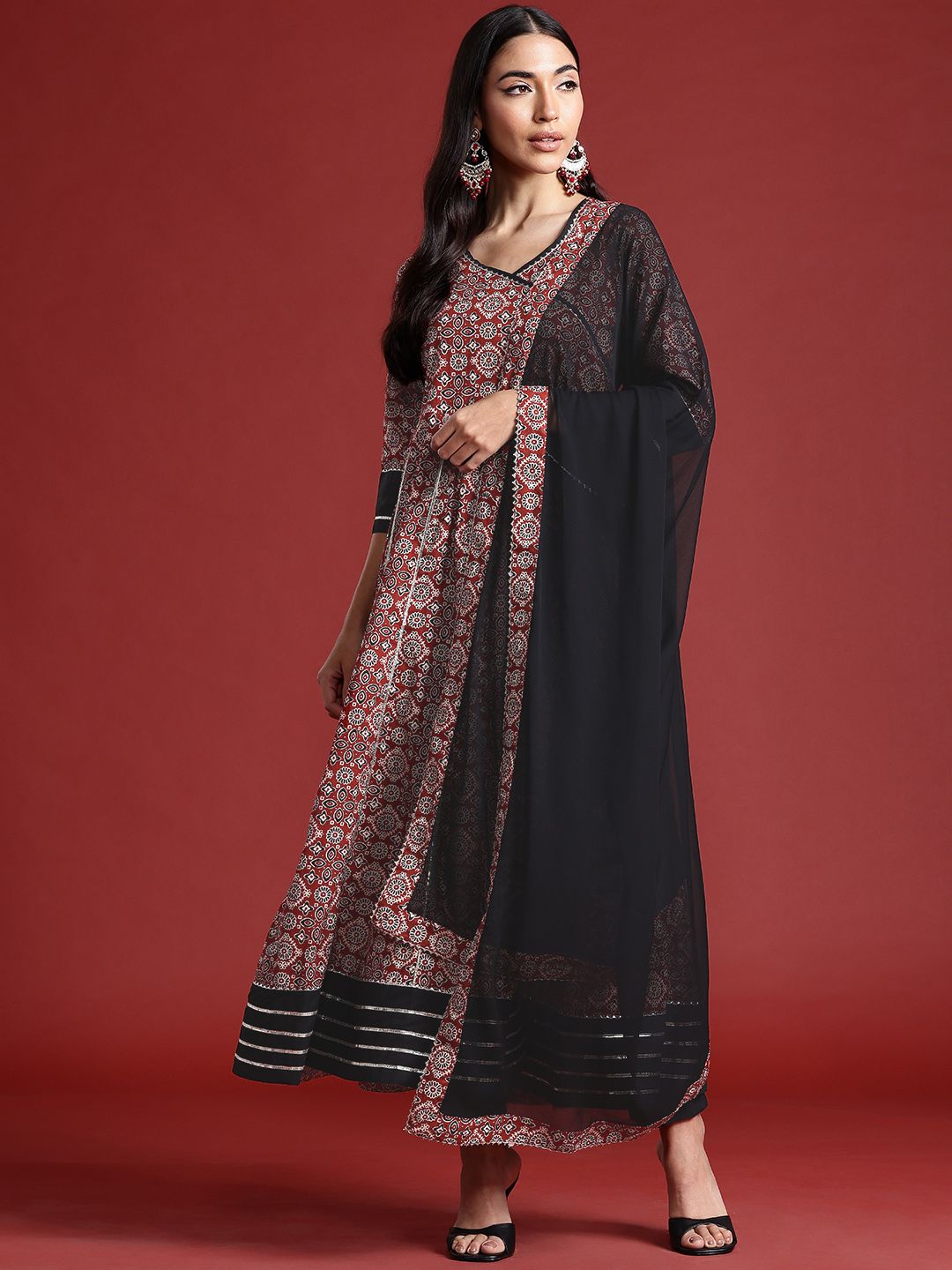 Anouk Women Ethnic Motifs Printed Angrakha Pure Cotton Kurta with Trousers & Dupatta