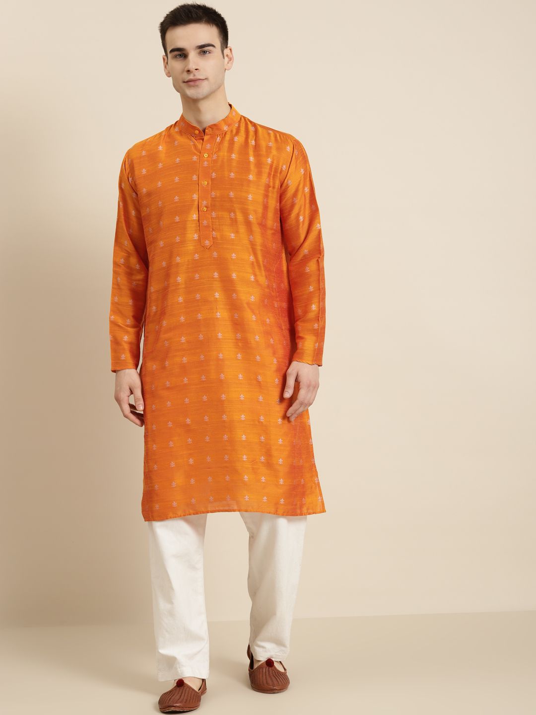 SOJANYA Men Orange & Silver Ethnic Motif Woven Design Jacquard Kurta