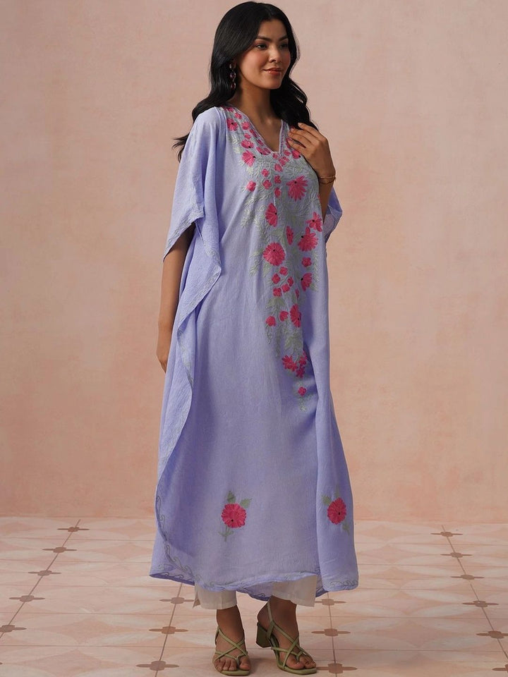 House of Chikankari Wanita Sulaman Bunga Lengan Panjang Kerja Benang Krep Bunga Kaftan Kurta