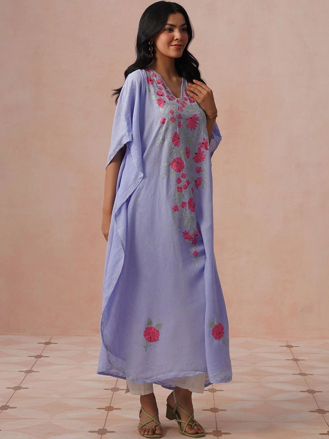 House of Chikankari Wanita Sulaman Bunga Lengan Panjang Kerja Benang Krep Bunga Kaftan Kurta