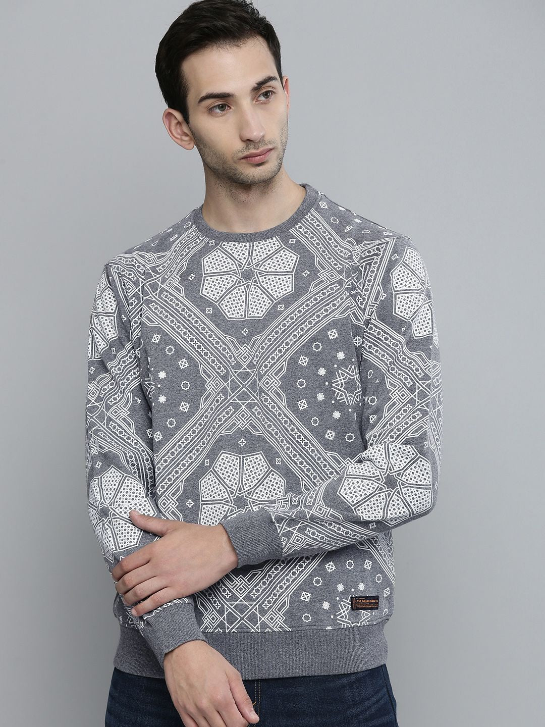 The Indian Garage Co Men Grey Melange Self-Design Printed Sweatshirt
