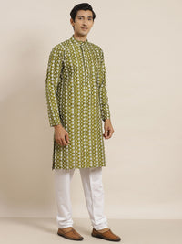SOJANYA Men Green Floral Embroidered Thread Work Kurta Set & Jacket