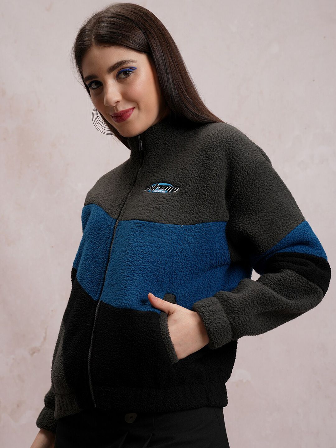 Tokyo Talkies Grey Colourblocked Mock Collar Front-Open Sweatshirt
