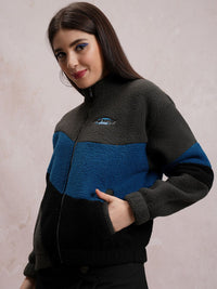 Tokyo Talkies Grey Colourblocked Mock Collar Front-Open Sweatshirt