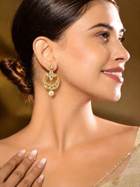 Gold-Toned Floral Crescent Kundan Studded Statement Pearl Drop Earrings