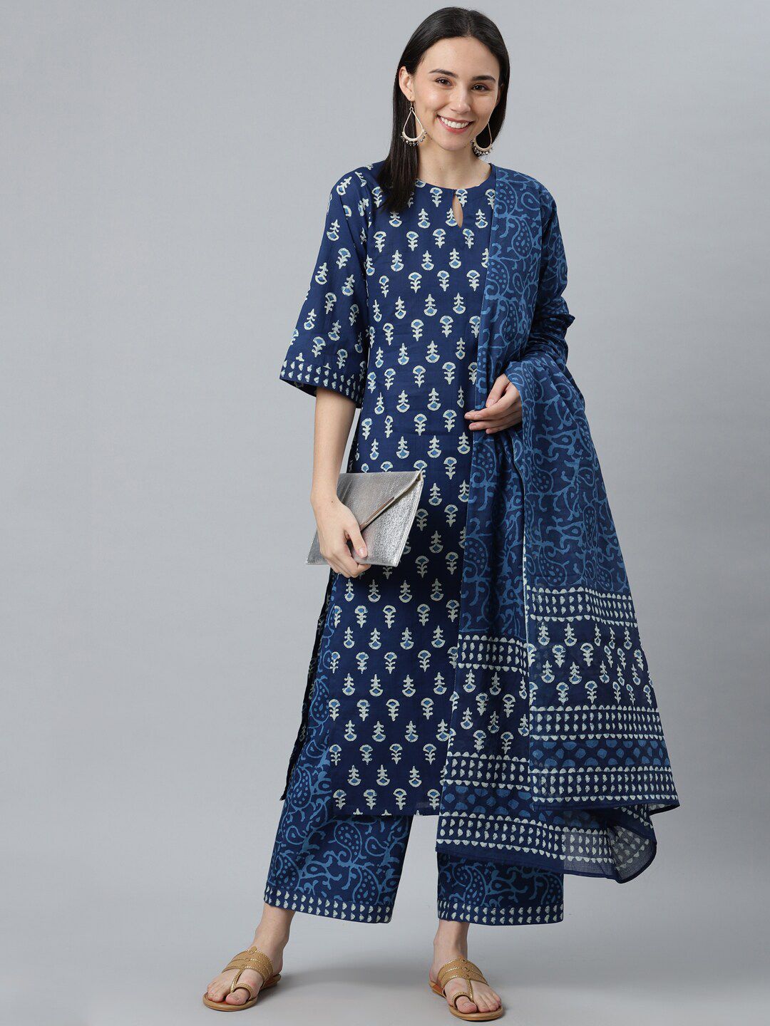 Libas Women Blue Ethnic Motifs Printed Pure Cotton Kurta with Palazzos & Dupatta
