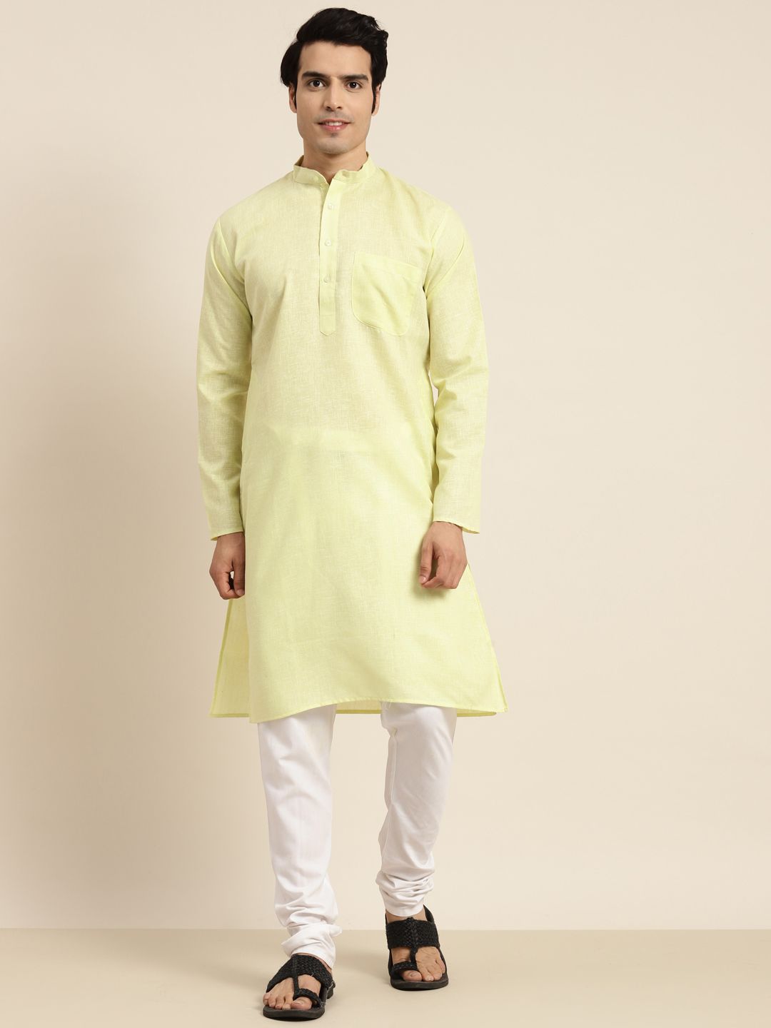 Anug by SOJANYA Men Lime Green Dobby Mandarin Collar Kurta