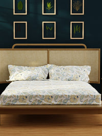 URBAN SPACE White & Blue Printed 200 TC Cotton Queen Bedsheet With 2 Pillow Covers