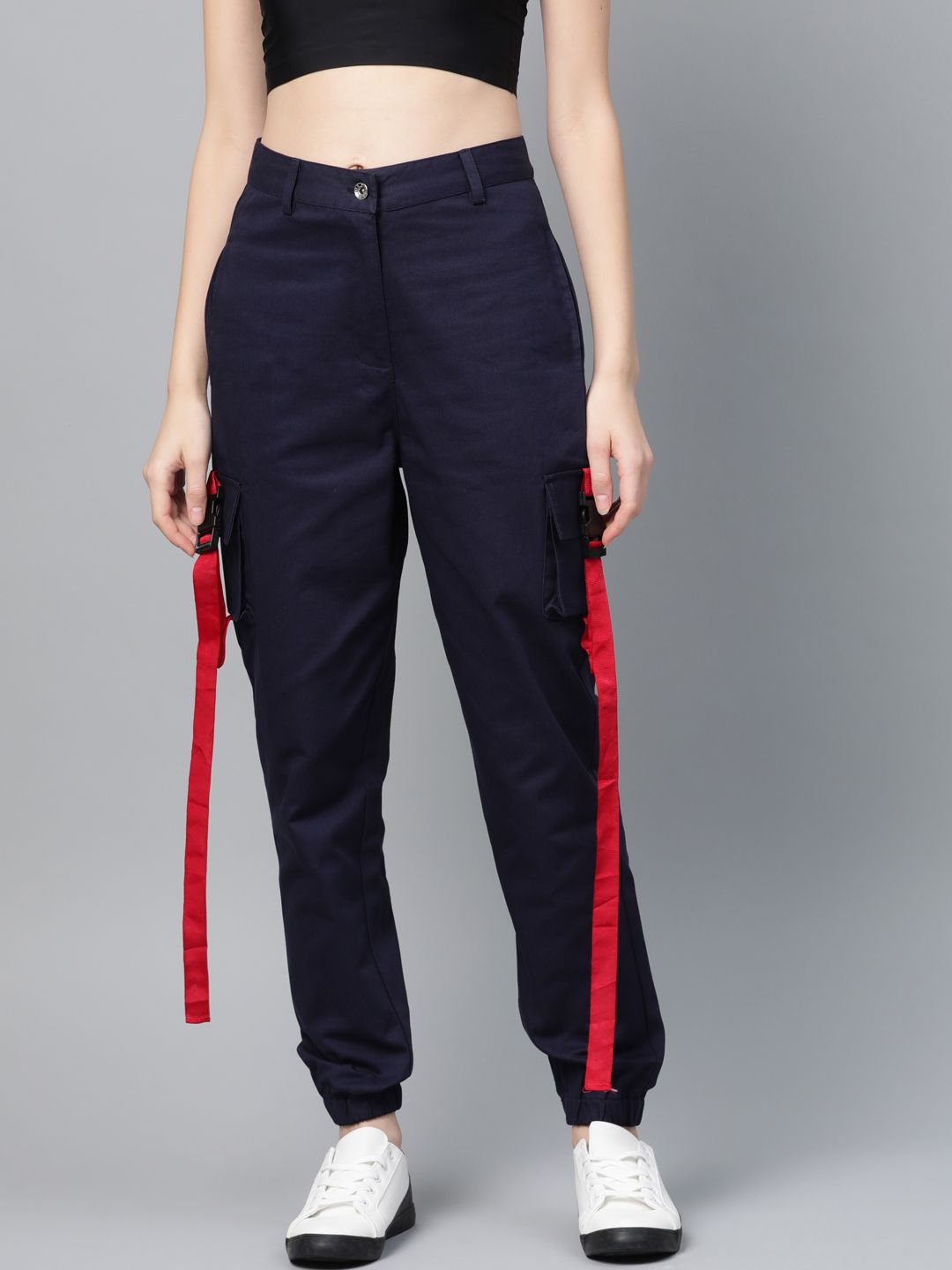 STREET 9 Women Navy Blue Regular Fit Solid Cargos