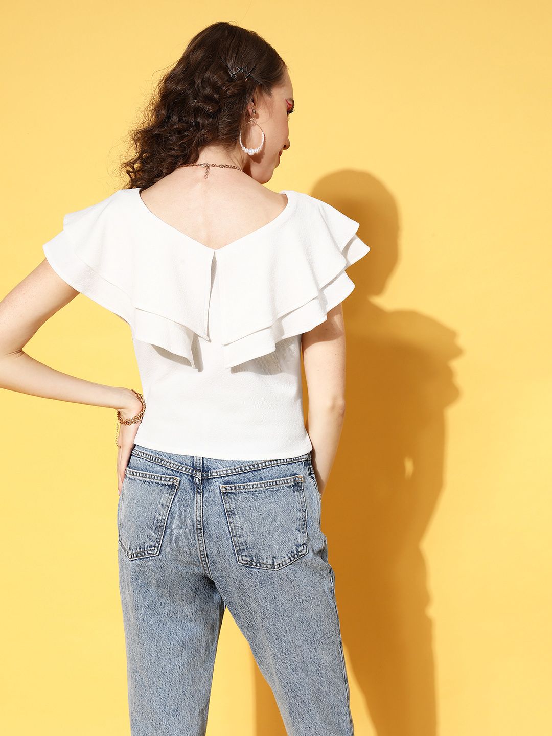 Athena Women Classic White Solid Feminine Frills Top