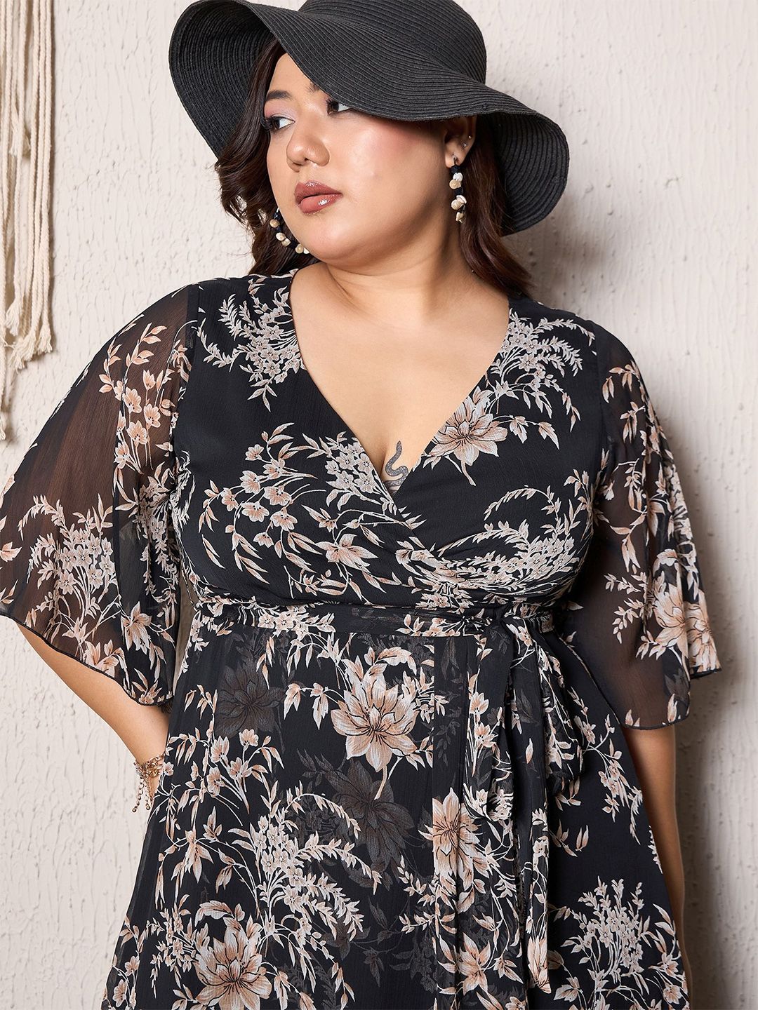 Berrylush Curve Women Floral Print Chiffon Empire Midi Dress