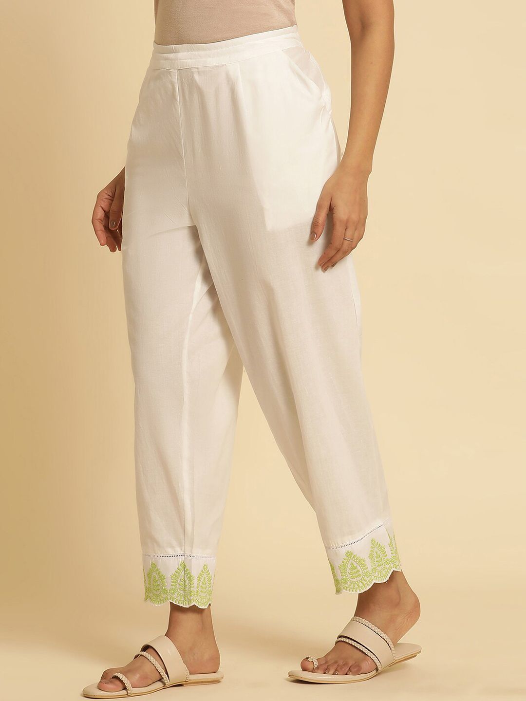 W Women Straight Fit Pleated Pure Cotton Ethnic Trousers