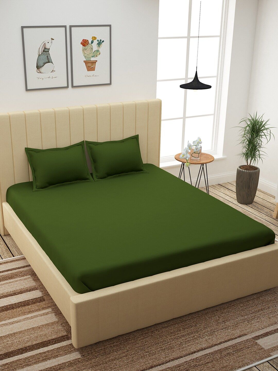 Story@home Green Solid 300 TC Cotton 1 King Bedsheet with 2 Pillow Covers
