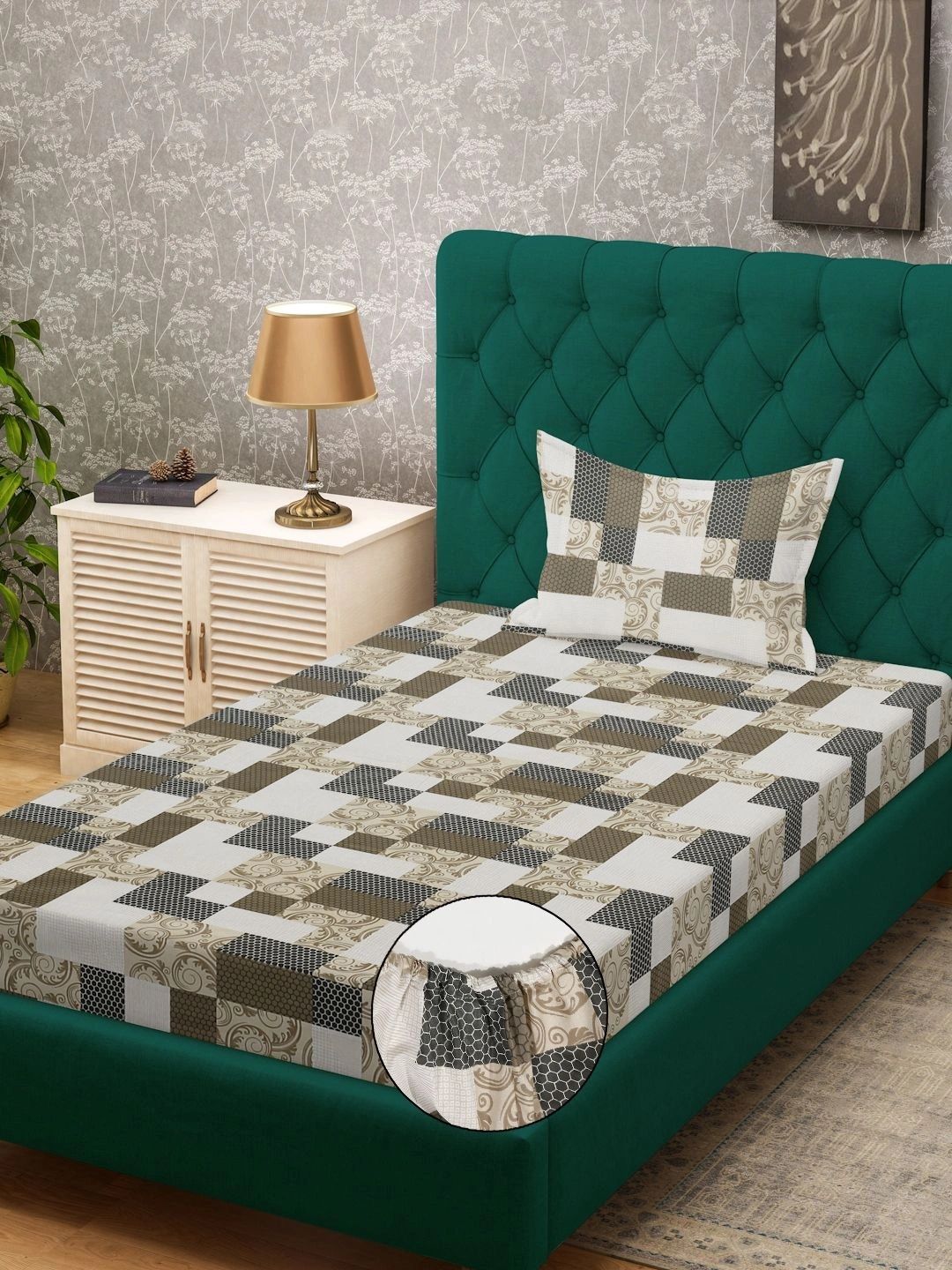 Myntra Elegant Homes Beige & White Geometric 400 TC Cadar Tempat Tidur Single dengan 1 Sarung Bantal