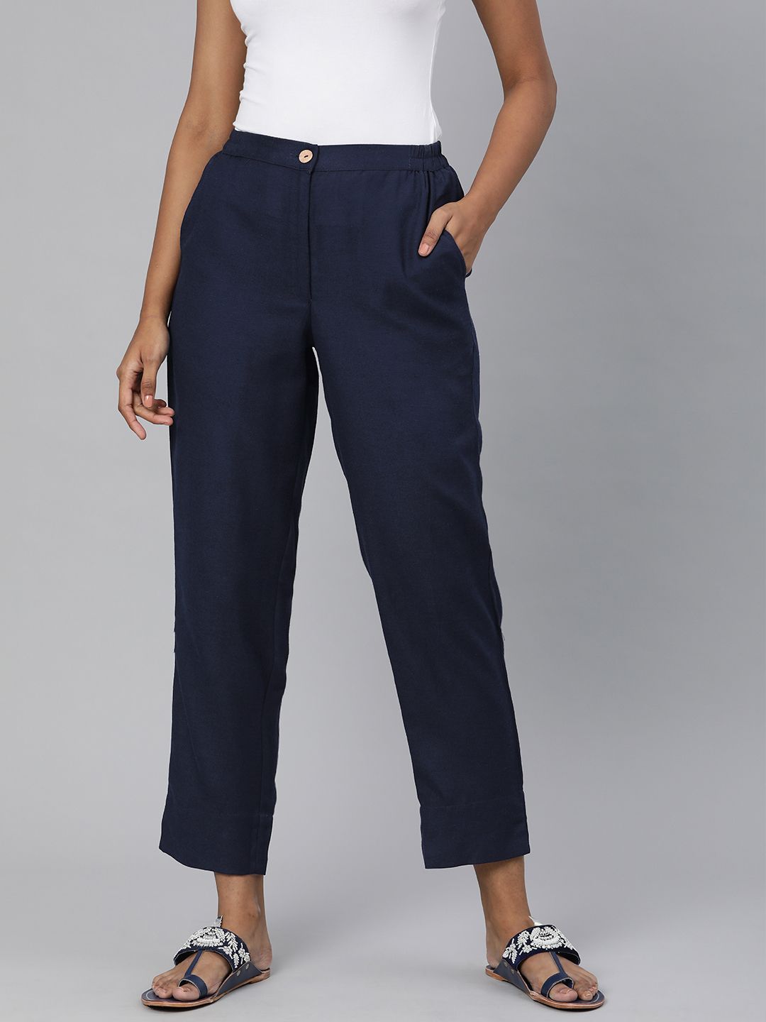 Global Desi Women Navy Blue Solid Straight Fit Trousers