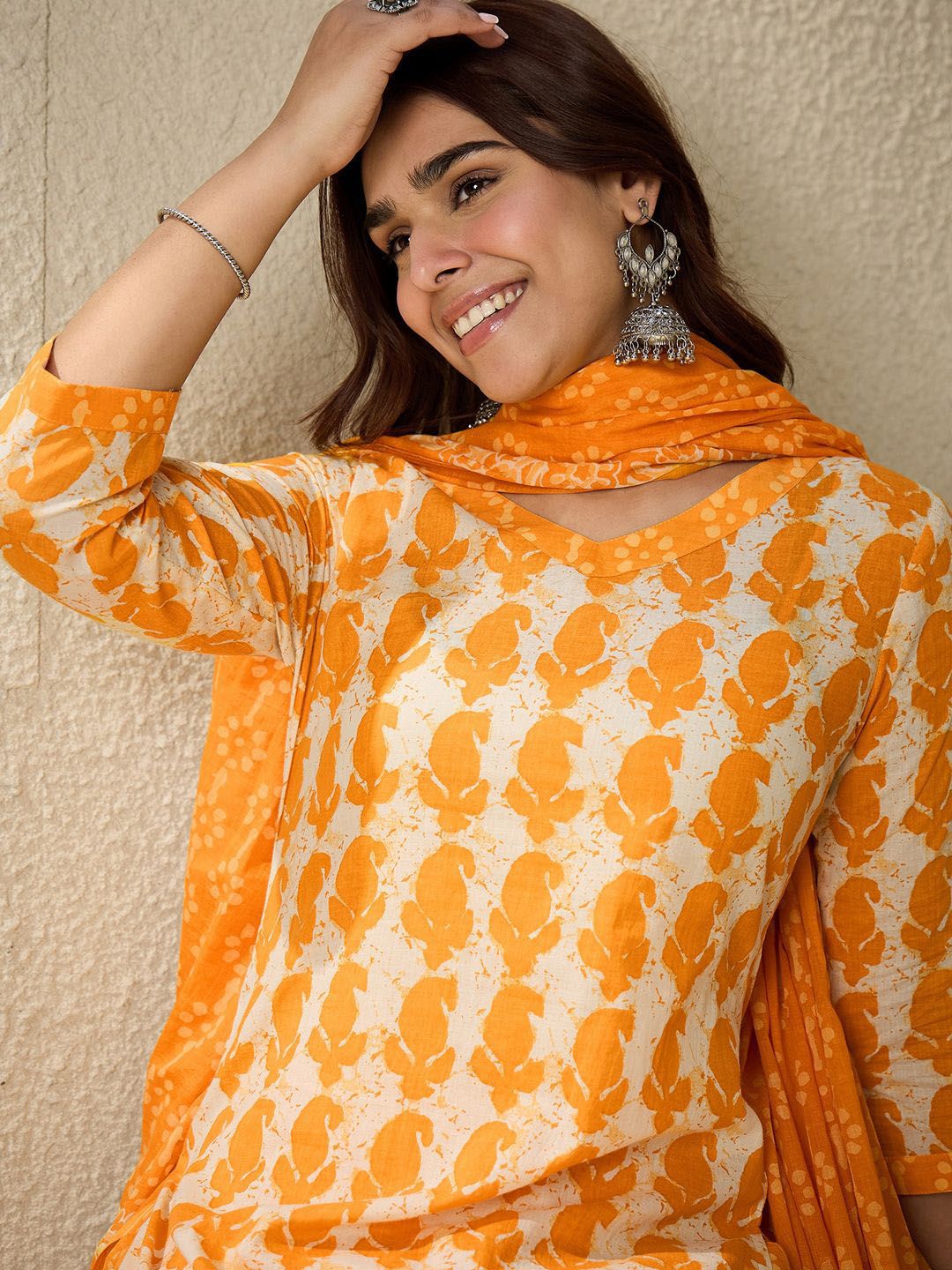 Indo Era Paisley Printed V-Neck Pure Cotton Straight Kurta With Trousers And Dupatta
