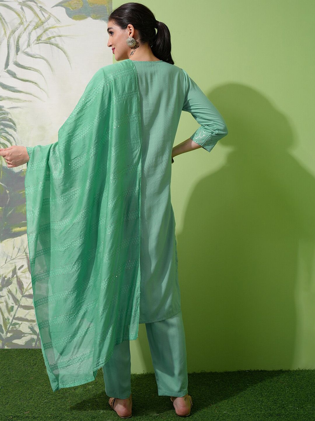 Vishudh Green Embroidered Tie-Up Neck Straight Kurta With Trousers & Dupatta