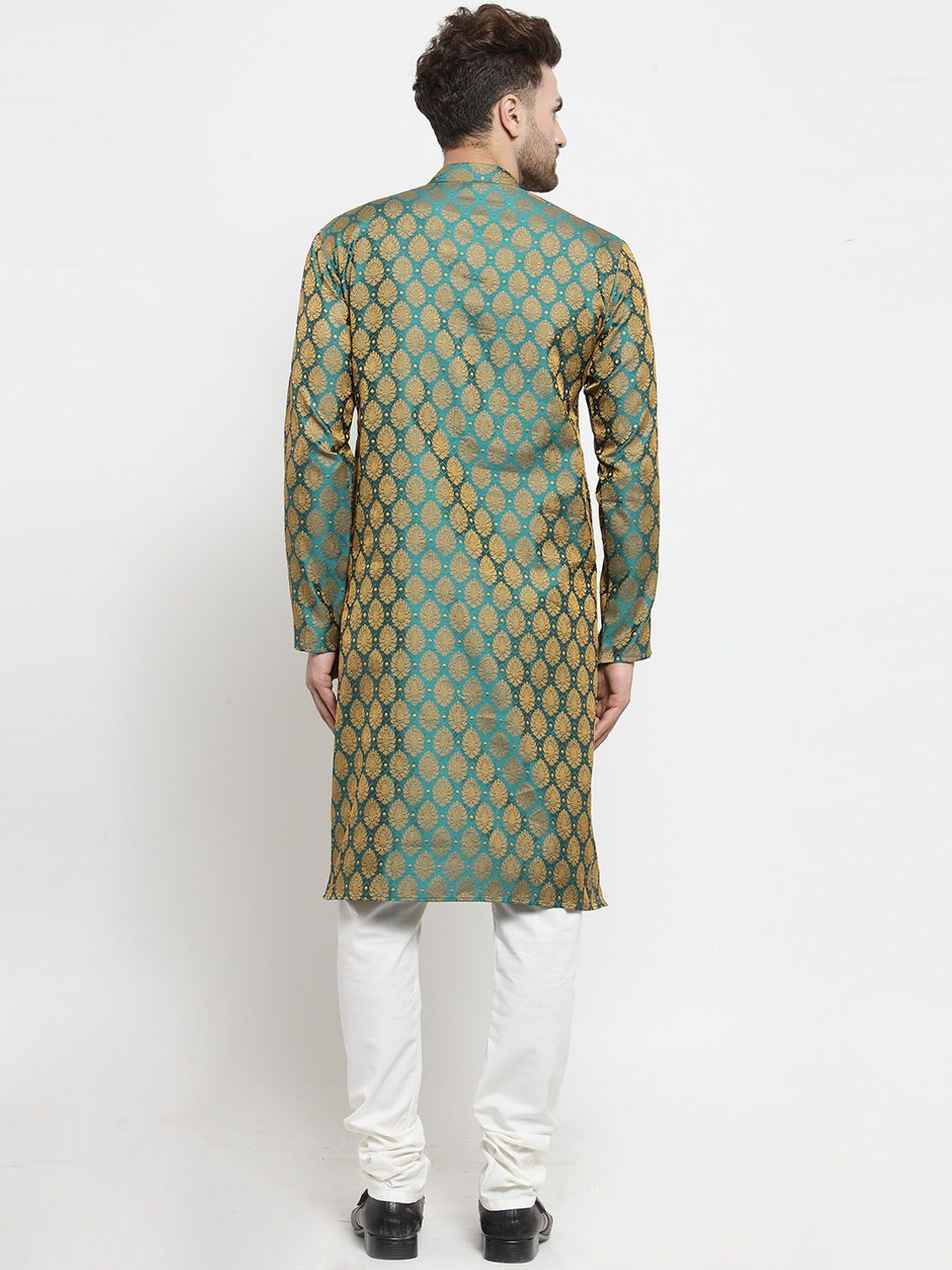 Jompers Men Green & White Woven Design Kurta with Churidar