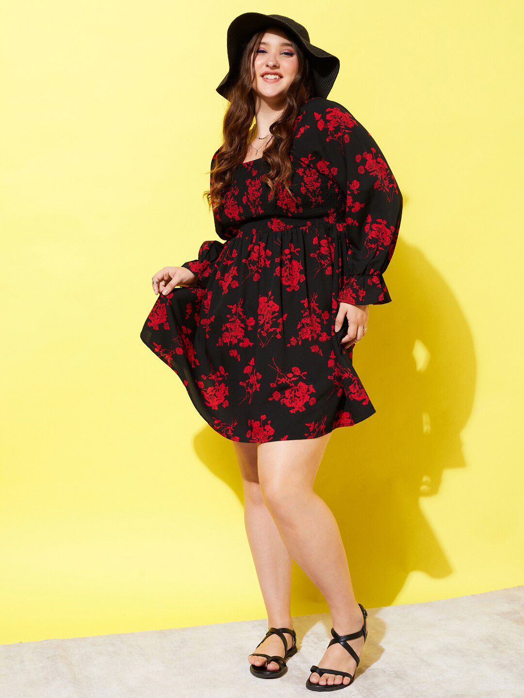 Berrylush Curve Black Floral Printed Smocked Fit & Flare Dress