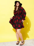 Berrylush Curve Black Floral Printed Smocked Fit & Flare Dress