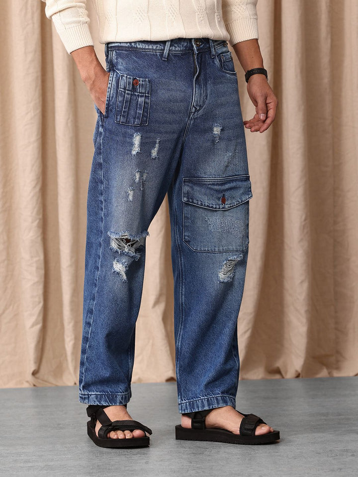 Mr Bowerbird Men Pure Cotton Oversized Fit Mildly Distressed Heavy Fade Cargo Style Jeans