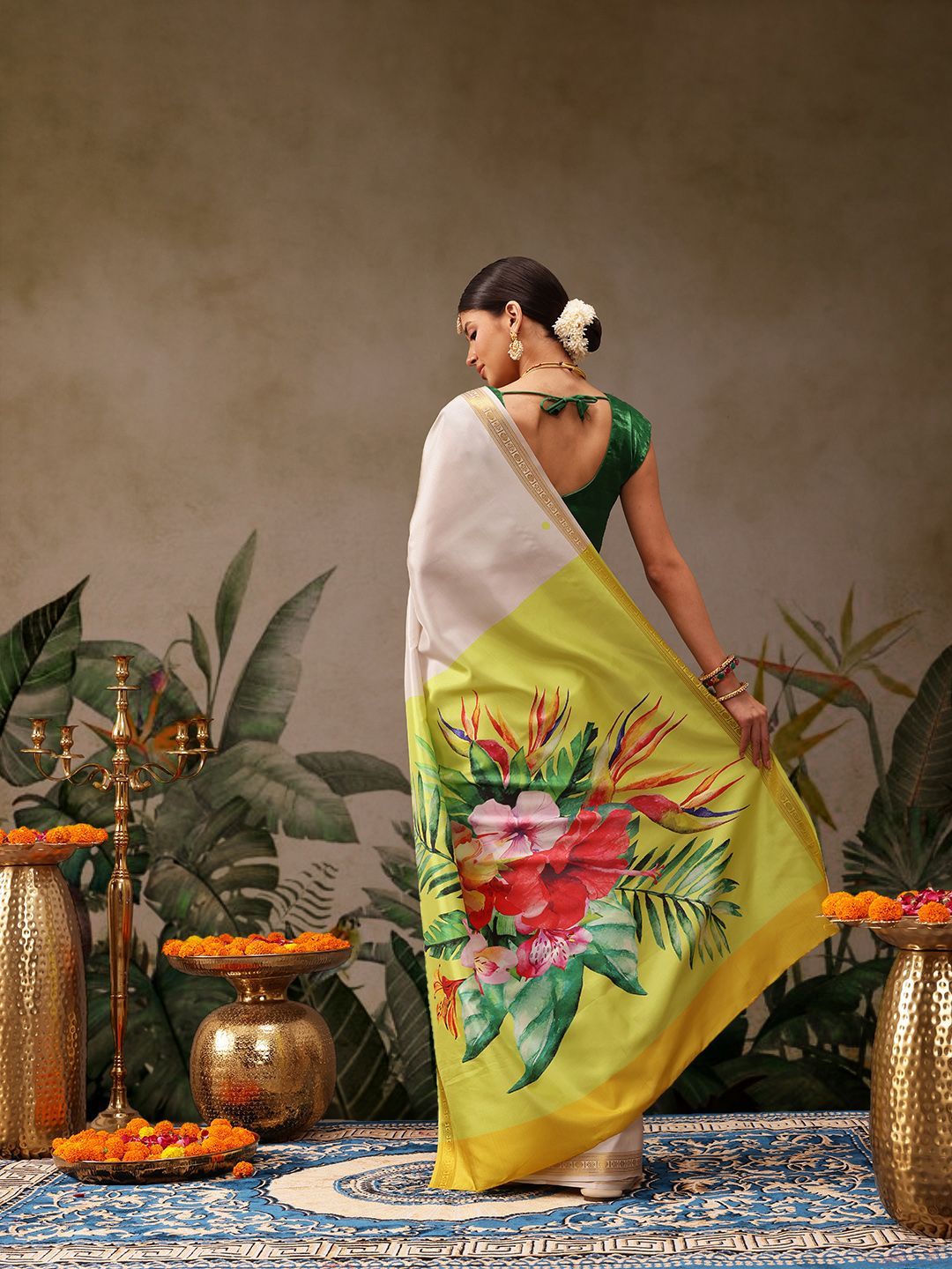 Silk Land Onam Special Floral Printed Kasavu Silk Saree