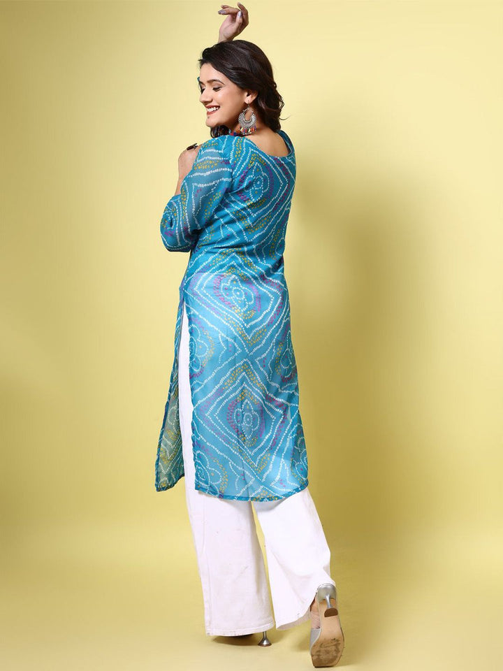 KALINI Bandhani Printed Round Neck Gotta Patti Georgette Straight Kurta