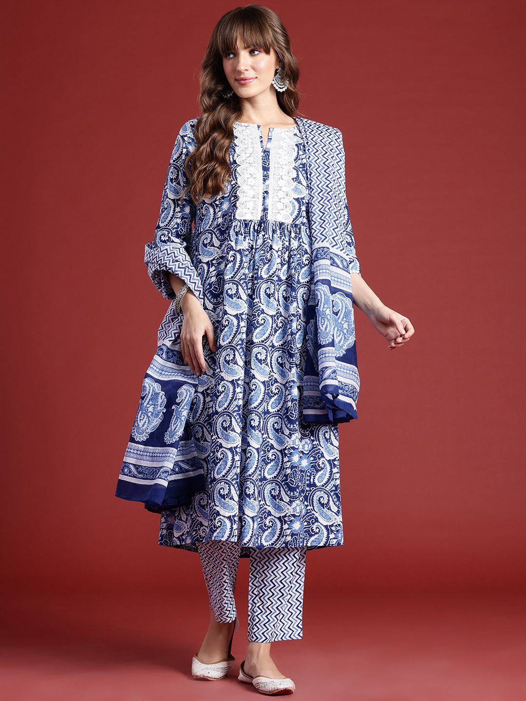 Anouk Paisley Printed Regular Thread Work Pure Cotton Kurta With Trousers & Dupatta