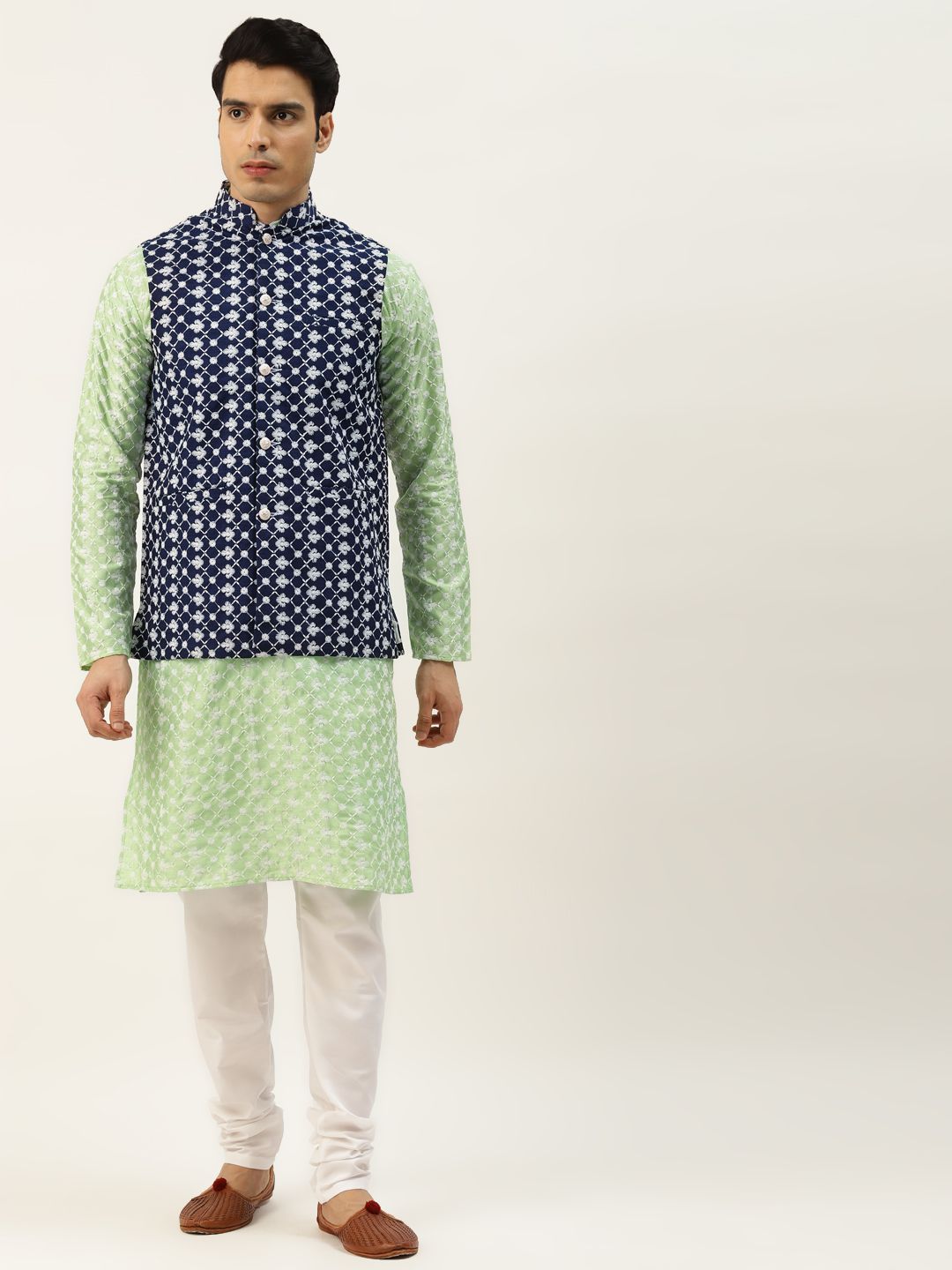 SOJANYA Lelaki Motif Etnik Biru Laut & Hijau Sulam Kurta Churidar