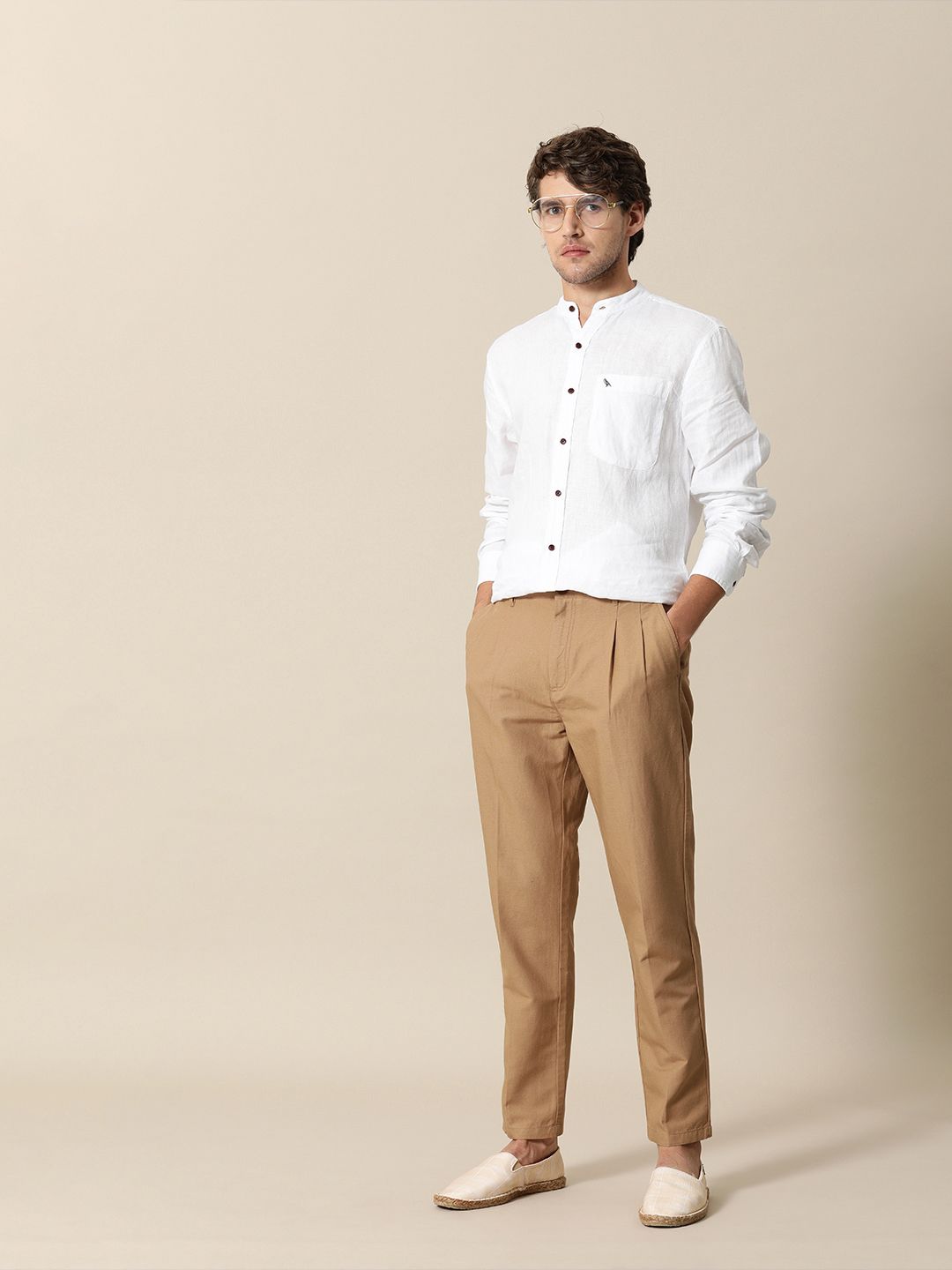 Mr Bowerbird Men Camel Brown Liberal Fit Pleated Trousers