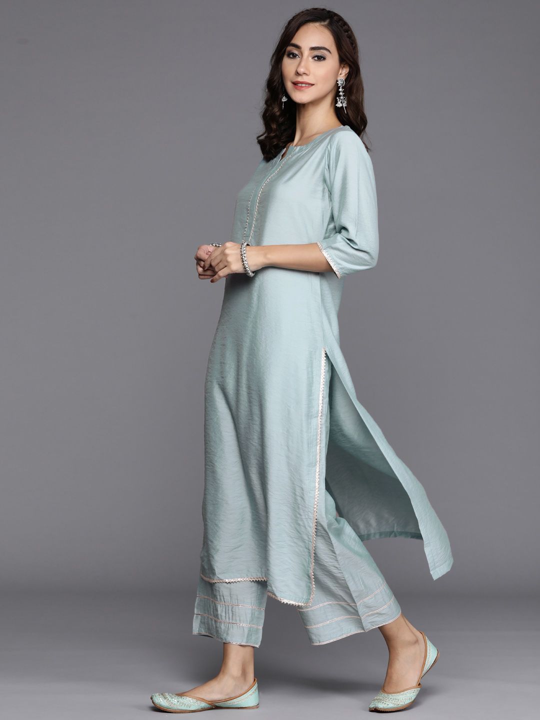 Libas Women Blue Chanderi Silk Gotta Patti Kurta with Palazzos & Dupatta