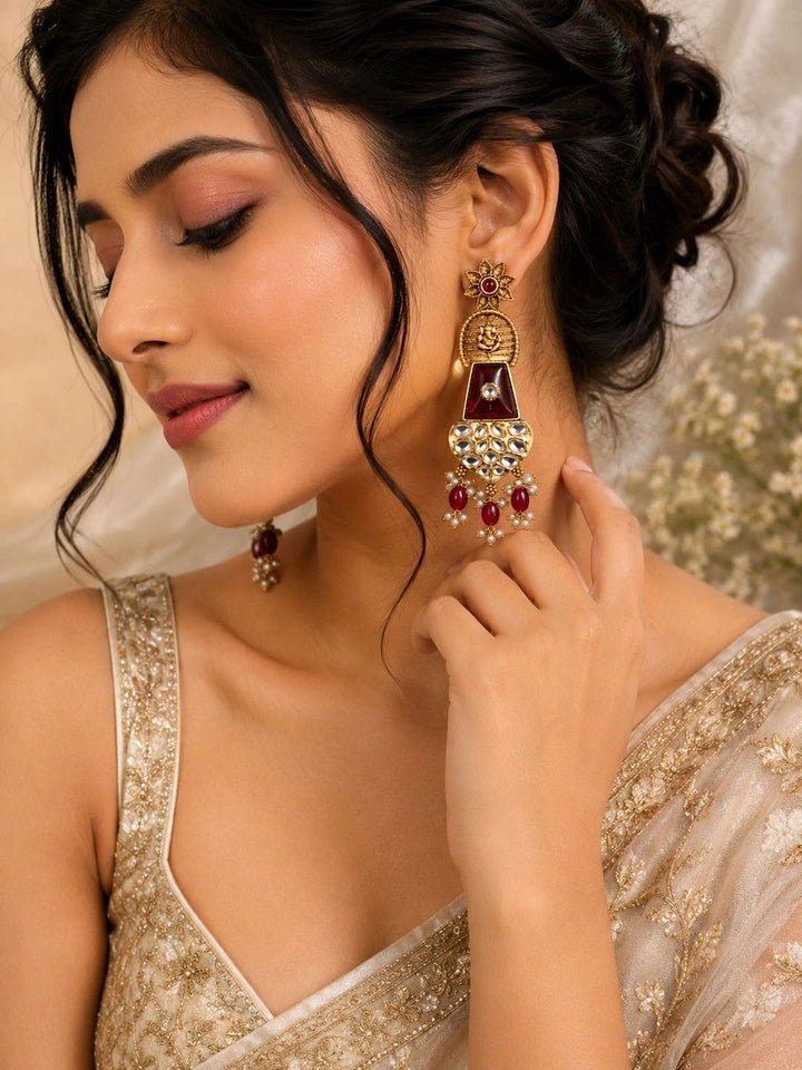 PANASH Gold Plated Cubic Zirconia Studded Contemporary Drop Earrings