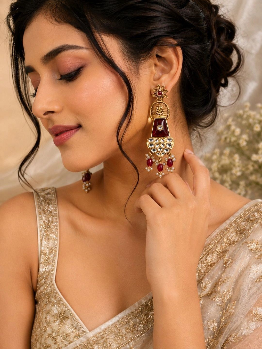 PANASH Gold Plated Cubic Zirconia Studded Contemporary Drop Earrings