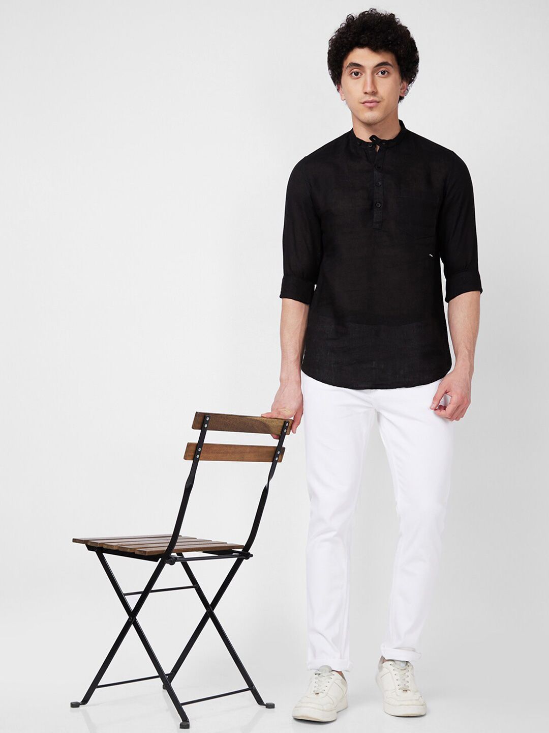 SPYKAR Mandarin Collar Opaque Linen Casual Shirt