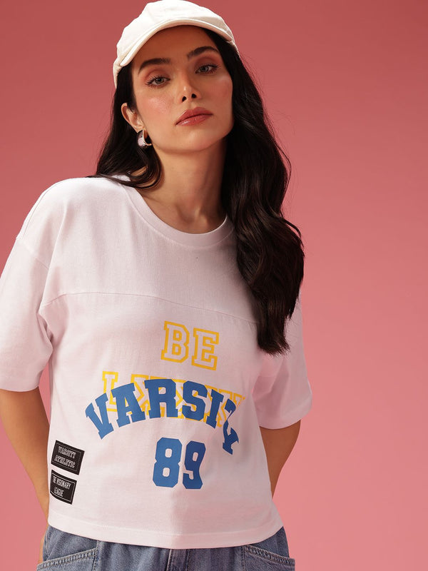 DressBerry Women Typography Printed Drop-Shoulder Sleeves Pure Cotton Boxy T-shirt